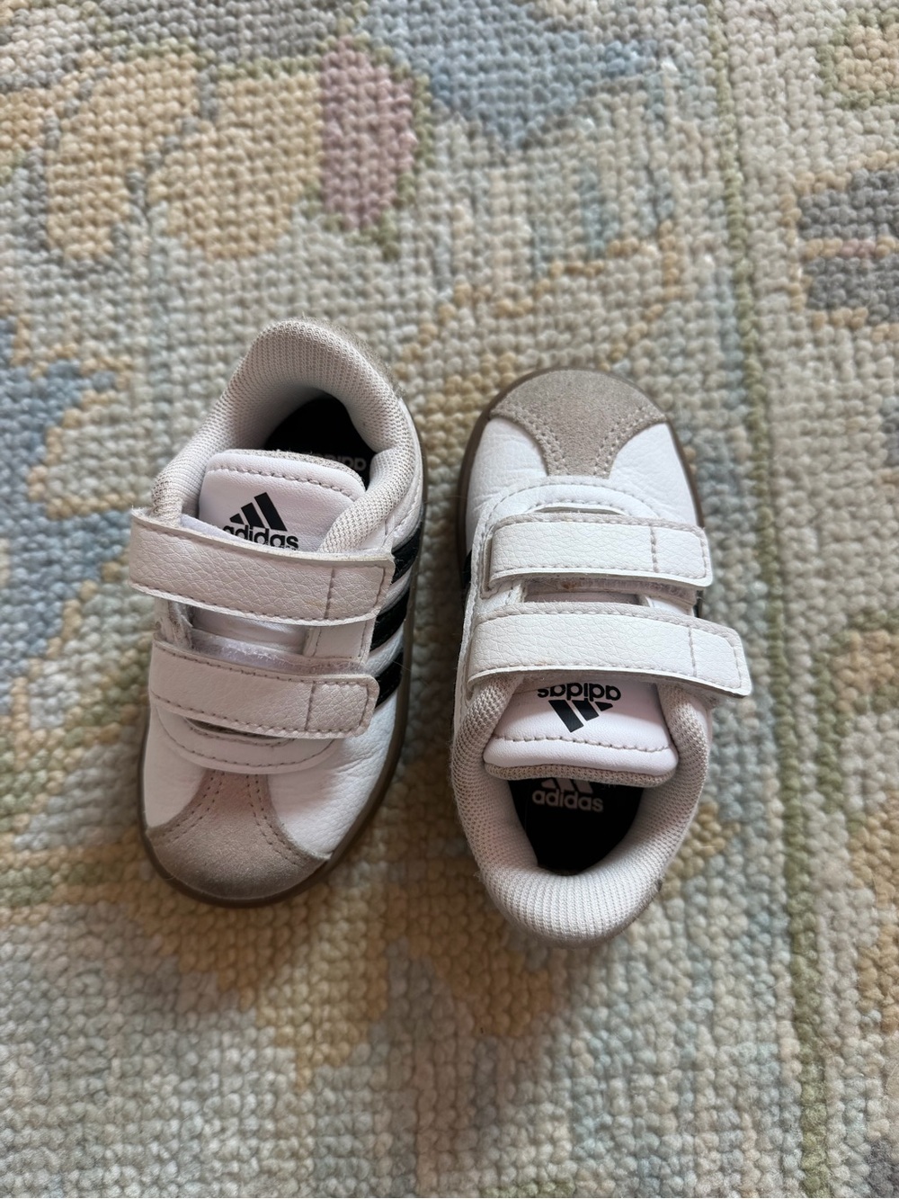 adidas Kids White and Gray Velcro Sneakers with Black Stripes